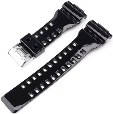 Каишка за Casio G-Shock, пластмасова, черна, лъскава, сребърна катарама (за модели GA-100, GA-110, GD-120, GLS-100)